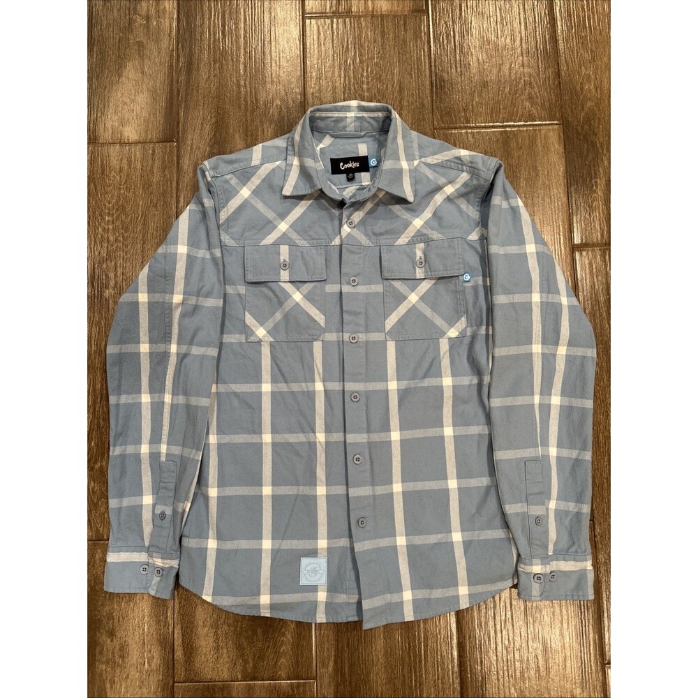 Cookies Men’s Button Down Flannel Size medium Light Blue & White Plaid EUC